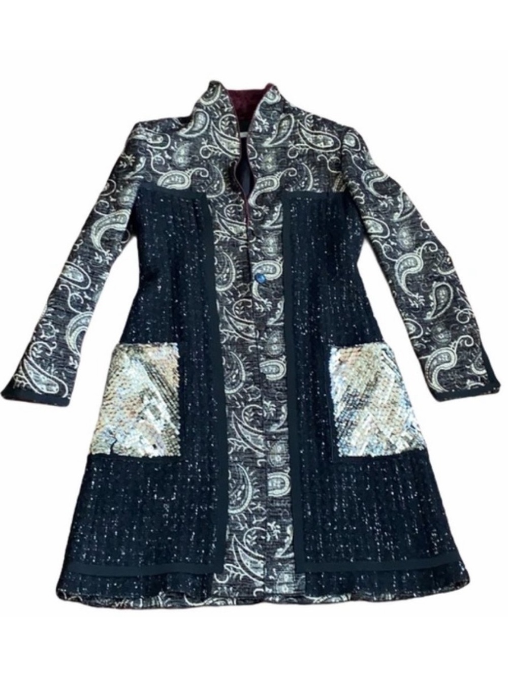 Pollini Black Paisley Jacquard Coat with sequined pockets contrasting lapels